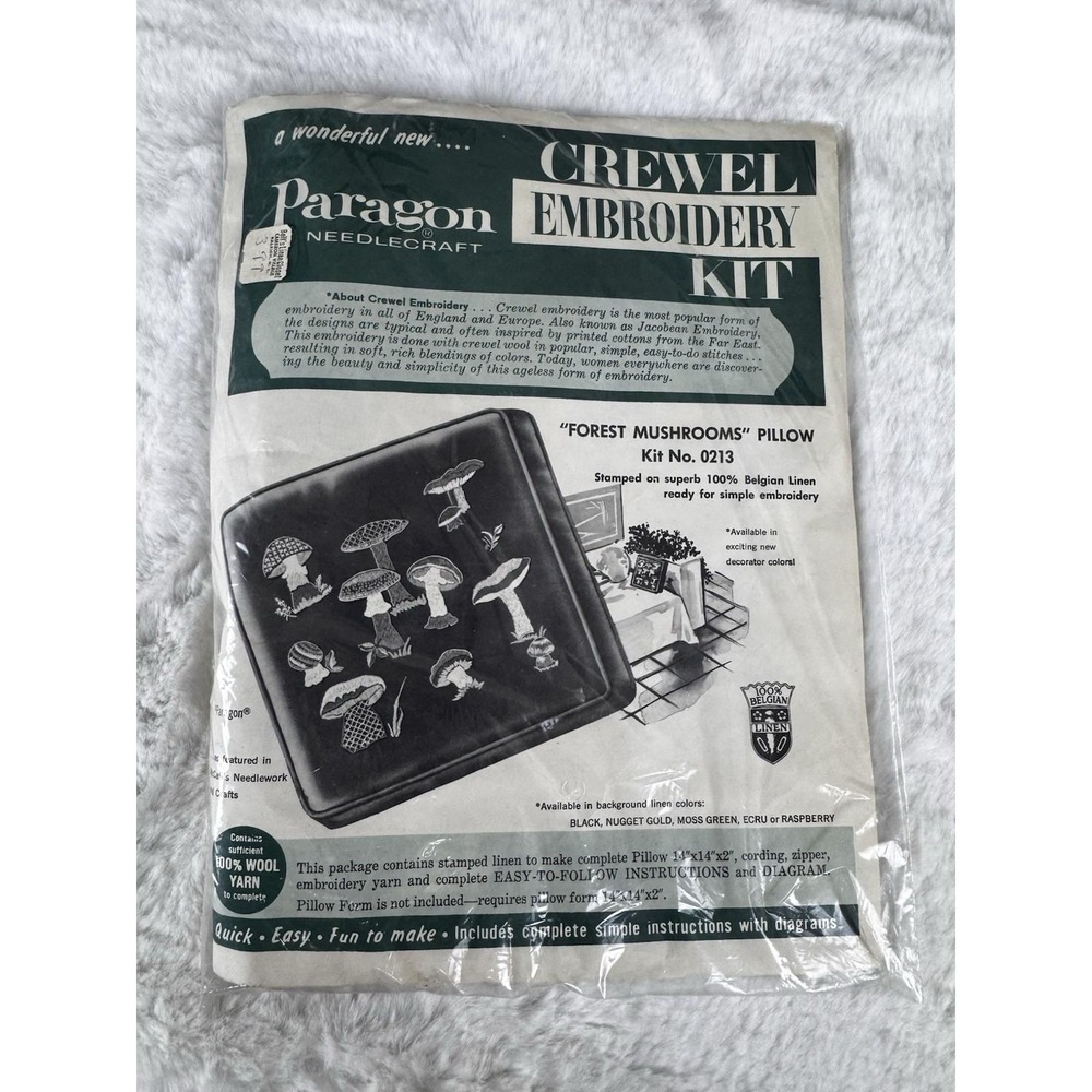Vtg Paragon Crewel Embroidery Kit 0213 Forest Mushrooms Pillow Ecru Linen‎ New